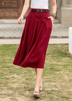 "DETAIL * 50% linen, 50% cotton * Two side pockets * Back Elastic waist * Below knee length * A linen skirt * Plus size skirt * Perfect for summer, spring * Wash by hand or machine with cold water * The model is 170cm (5′ 7″) tall with a 80cm (31.5\") bust, 66cm (26\") waist. She is wearing a XS in red. * Choose CUSTOM Order if you Can't find your size in our size Chart Chang the Length Your Height is not Between 5'1\" - 5\"9\" Your weight is not Between 47 kg - 75 kg SIZE GUIDE Size vary betwee Cotton Midi Skirt With Pockets, Solid Color Midi Skirt With Pockets, Cotton Skirted Bottoms For Work, Solid Color Flared Skirt With Pockets, Cotton Skirted Bottoms With Pockets, Red Skirted Bottoms With Pockets, Red Midi Skirt With Pockets, Solid Cotton Skirt With Pockets, Cotton Flared Skirt With Side Pockets