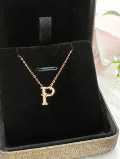 P Initial Necklace, Rose Gold Initial Pendant Necklace, Rose Gold Initial Pendant Fine Necklace, Rose Gold Initial Pendant Fine Jewelry Necklace, Rose Gold Initial Necklace With Adjustable Chain For Anniversary, Rose Gold Diamond Initial Necklace As Gift, Rose Gold Diamond Initial Necklace For Gift, Luxury Rose Gold Initial Pendant Necklace, Diamond Initial Necklace In Rose Gold As Gift