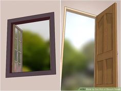 an open door with a mirror on the wall next to it and another closed window