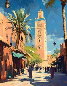 an oil painting of a city street with palm trees and people walking on the sidewalk