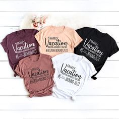 four t - shirts that say vacation, family vacation and vacation with the words vacation printed on them