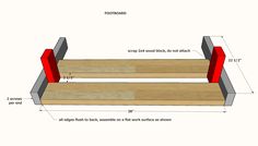 the plans for a diy bench are shown in red and white, with measurements