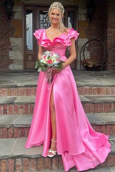 Silky Satin V Neck Ruffles Hot Pink Prom Dresses Formal Dresses PSK542-Pgmdress Hot Pink Prom Dresses, Robes Quinceanera, Hot Pink Prom Dress, Cap Sleeve Prom Dress, Hot Pink Satin, Prom Dress Inspo, Prom Dresses 2024, Prom 2024, Prom Dress Ideas