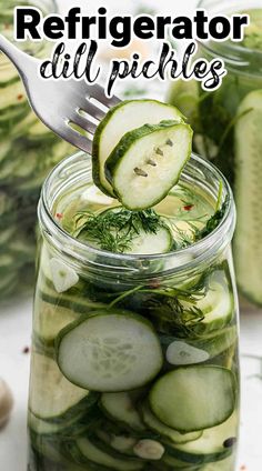 cucumber and dill pickles in a mason jar with text overlay