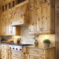 a kitchen with wooden cabinets and an oven