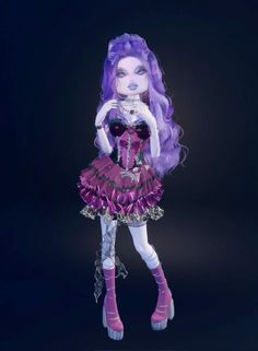 a doll with purple hair wearing a dress and boots