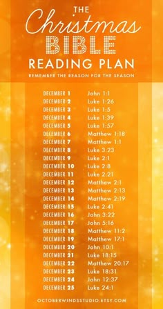 the christmas bible reading plan is shown on an orange and yellow background with snowflakes