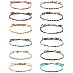 six different colored bracelets with beads on each strand and one bead in the middle