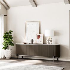 a living room with white walls and wooden furniture in front of a painting on the wall