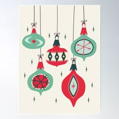 christmas ornaments hanging from strings poster