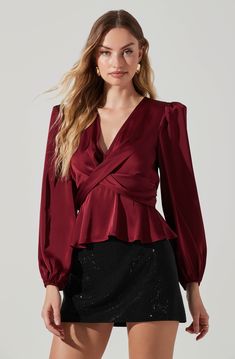 V-neckline, puff shoulders and long sleeves Twist front, back-tie sash Concealed back zipper Dry clean only 100% Polyester Style# ACT18043S Ruby Gloom, Sequin Pant, Basic Blouses, Twist Front Top, Wine Top, Business Event, Astr The Label, Trending Today, Puff Sleeve Top