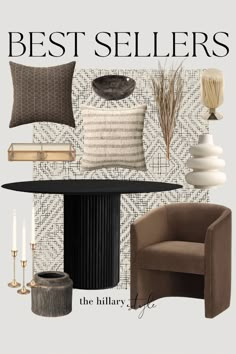 the best sellers catalog for furniture and home decor is shown in black, white, and brown