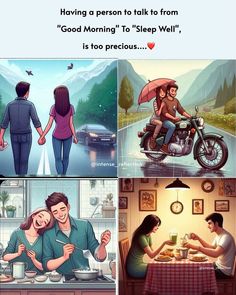 there are four different scenes in the same scene, each with an image of a man and woman sitting on a motorcycle