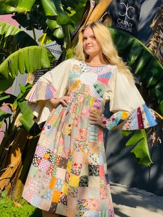 Handmade Quilt Dress – Carny Couture Multicolor Bohemian Dresses With Gathered Sleeves, Bohemian Multicolor Dresses With Gathered Sleeves, Vintage Multicolor Patchwork Dresses, Multicolor Upcycled Dresses For Spring, Vintage Multicolor Ruffled Dresses, Multicolor Vintage Dress With Ruffles, Resort Aesthetic, Quilted Dress, Quilted Clothing