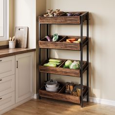 a shelf with food on it in a kitchen