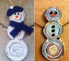 two pictures one has a snowman made out of rolled up paper and the other has an ornament