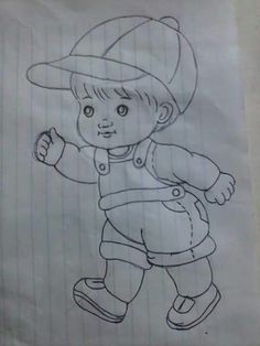 a drawing of a little boy wearing a baseball cap and overalls with his thumb up