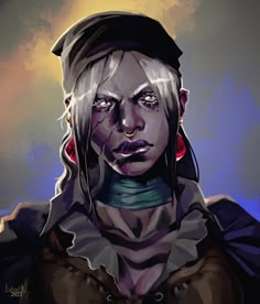 a digital painting of a woman with white hair and piercings