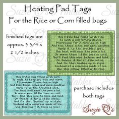 some type of fabric with text on it that says, heating pad tags for the rice or corn filled bags