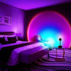 a bed room with a neatly made bed and purple lighting