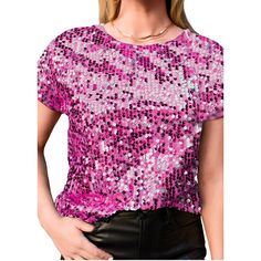 Elevate your style with the Anna-Kaci Glitter Sequin Tops, a dazzling blend of glamour and comfort. Crafted from lightweight 100% polyester fabric with a hint of stretch, this short-sleeve sparkly binding shirt blouse features an all-over sequin design and a soft full lining for lasting comfort. The durably stitched sequins ensure longevity, making it an ideal choice for various occasions. Stand out from the crowd with this glittering tunic top, perfect for parties, concerts, or any dressy event Shiny Stretch Summer Tops, Shiny Stretch Tops For Summer, Trendy Shiny Top For Party Season, Trendy Shiny Tops For Party Season, Trendy Shiny Summer Tops, Spring Disco Shiny Tops, Trendy Shimmer Tops For Party, Glamorous Shiny Tops For Spring, Shiny Stretch Trendy Tops