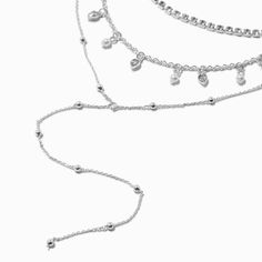 Claire's Silver-tone Crystal & Faux Pearl Multi-Strand Y-Neck Necklace Layered Multi-strand Metal Charm Necklaces, Silver Multi-strand Layered Charm Necklaces, Multi-strand Layered Silver Charm Necklaces, Silver Layered Multi-strand Charm Necklaces, Silver Layered Metal Charm Necklaces, Layered Silver Metal Charm Necklaces, Silver Layered Charm Necklaces In Metal, Silver Double Strand Charm Necklace, Silver Layered Charm Necklaces