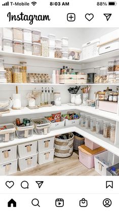 an organized pantry with baskets and food items