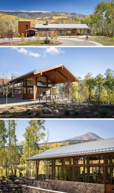 three different views of the outside of a building with trees and mountains in the background