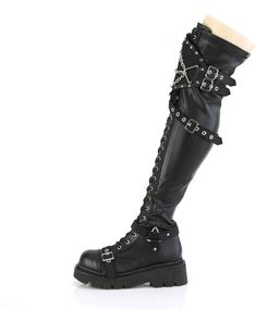 2 1/2" Tiered Platform Lace-Up Over-The-Knee Boots, Inside Zipper - Fit Guide: True to Size - Heel Height: 2 1/2" Platform - Brand: Demonia - Shown in Women's Sizes - Country of Origin: Imported Black Faux Leather Boots With Metal Details, Black Knee-high Platform Boots With Rivets, Black Riveted Knee-high Platform Boots, Black Faux Leather Boots With Rivets, Black Faux Leather Boots For Concerts, Natural Skin Care Ingredients, Leather Knee Boots, Knee Boot, Black Vegan