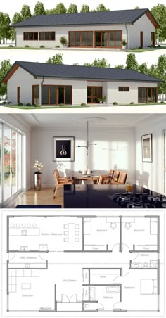 two story house plans with living room and dining area in the front, kitchen and bedroom