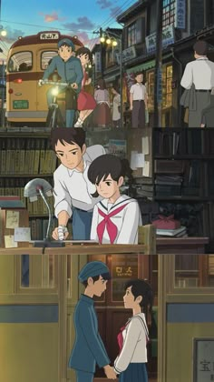 an anime scene with people standing in front of bookshelves and looking at each other