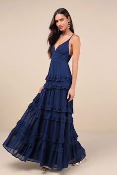 Lavish Perfection Navy Blue Ruffled Tiered Maxi Dress