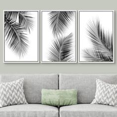 three black and white palm leaves on a wall above a couch in a living room