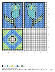 a cross stitch pattern with two blue flowers on the left and one yellow flower on the right