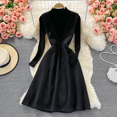 Black two pieces dress black knitted sweater + woolen sleeveless dressFabric: blendedColor: blackSize(cm): M, LSweaterlength 53 bust 70-94 sleeve length 56Dress&ltp&gtM length 97 bust 84 waist 78&lt/p&gt&ltbr/&gt&ltp&gtL length 98 bust 88 waist 82&lt/p&gt&ltbr/&gt Black V-neck Sweater Dress For Evening, Black Winter Midi Dress, Black Solid Midi Dress For Winter, Black Midi Sweater Dress For Winter, Black Solid Color Winter Midi Dress, Elegant Black Sweater Dress For Work, Winter A-line Midi Dress For Night Out, Black Midi Dress For Winter Workwear, Black Knee-length Winter Dress