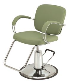 a green chair sitting on top of a metal base