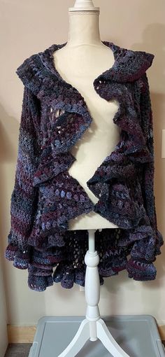 Crochet boho cardigan. Women's size small purple or green. Bohemian Long Sweater For Layering, Bohemian Open Front Sweater For Fall, Whimsigoth Crochet Ideas, Bohemian Open Front Sweater One Size, Long Bohemian Sweater For Layering, Fall Bohemian Open Front Sweater, One Size Bohemian Open Front Sweater, Long Knitted Bohemian Sweater, Bohemian Open Knit Cardigan For Winter