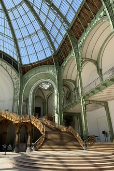 the inside of a large building with many stairs