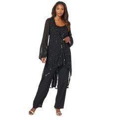 Roaman's Women's Plus Size Three-Piece Beaded Pant Suit Formal Evening Wear Set, Mother Of The Bride Outfit.Made of lightweight georgette, this three-piece ensemble is embellished with beading on the top, jacket and pant. Scoop neck. Wide-leg pants with an elastic waist. Open-front jacket. Jacket: 40" length; Top: 28" length; Pants: 30" inseamPetite Jacket: 40" length; Top: 27" length; Pants: 29" inseamPoly georgetteDry cleanImported . About the brand: Roamans is known for our fashionable plus s Fancy Holiday Outfits, Dress For Mother, Outfit For Wedding, Formal Pant Suits, Mother Of The Bride Suits, Formal Pant, High Waisted Swim Bottoms, Sheer Jacket, Formal Evening Wear