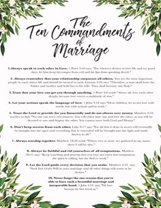 the ten commandments of marriage with flowers and greenery around it, on a white background