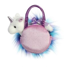 a stuffed animal with a pink purse on it's back and purple fur around the handle