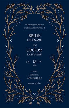 a wedding card with gold leaves and branches on a dark blue background, in the shape of a wreath