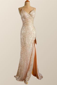 Pink Champagne Prom Dress, Glamorous Spaghetti Strap Gala Dress, Glamorous Spaghetti Strap Evening Dress For Gala, Shimmer V-neck Evening Dress For Gala, Glamorous Spaghetti Strap Gown For Gala, Elegant Sparkling Gold Gown, Elegant Gold Sparkling Gown, Elegant Sparkling Dress With Spaghetti Straps, Elegant Evening Dress With Glitter And Sweetheart Neckline