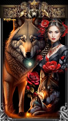 a woman and two wolfs with roses in their hair, on a black background