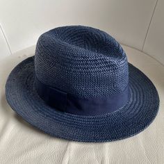 Hat Nwt 74% Paper 26% Poly Adjustable Blue Fedora For Spring, Classic Blue Hats With Curved Brim, Classic Blue Hat With Curved Brim, Classic Blue Flat Brim Hat, Blue Casual Panama Hat For The Beach, Blue Flat Brim Hat For Vacation, Casual Blue Panama Hat For The Beach, Casual Blue Fedora With Flat Brim, Casual Blue Panama Hat For Beach