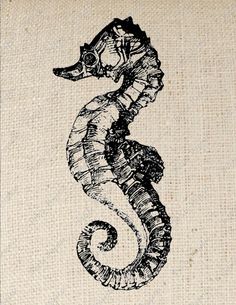 a black and white drawing of a seahorse on a burlocked canvas