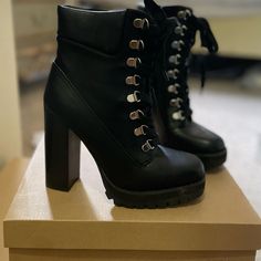 Brand New Steve Madden Black Boots! Never Worn Before. Edgy Lace-up Boots With Round Toe For Night Out, Black Lace-up Boots With Padded Ankle For Fall, Edgy Moto Boots With Stacked High Heel, Edgy Boots With Padded Ankle And Round Toe, Edgy Faux Leather Boots With Stacked Heel, Black Edgy Moto Boots With Stacked Heel, Edgy High Heel Boots With Padded Ankle, Winter Moto Boots With Round Toe For Night Out, Edgy Fall Heels With Round Toe