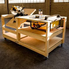 a workbench with tools on it in a warehouse