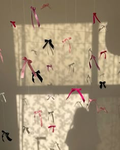 the shadow of a person standing in front of a wall with ribbons hanging from it