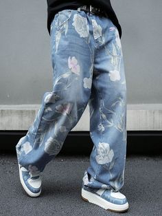 Floral Printed Casual Jeans With Pockets Graphic Wide Jeans Long Baggy Floral Light Blue Washed Cargo Jeans, For Husband, Boyfriend Gifts Multicolor    Denim Floral,Plants Wide Leg Non-Stretch  Men Clothing, size features are:Bust: ,Length: ,Sleeve Length: Painted Mens Jeans, Flower Jeans Men, Jeans With Pockets, Flower Jeans, Casual Denim Jeans, Leopard Print Pants, Jean Large, Clothing Aesthetic, Floral Jeans